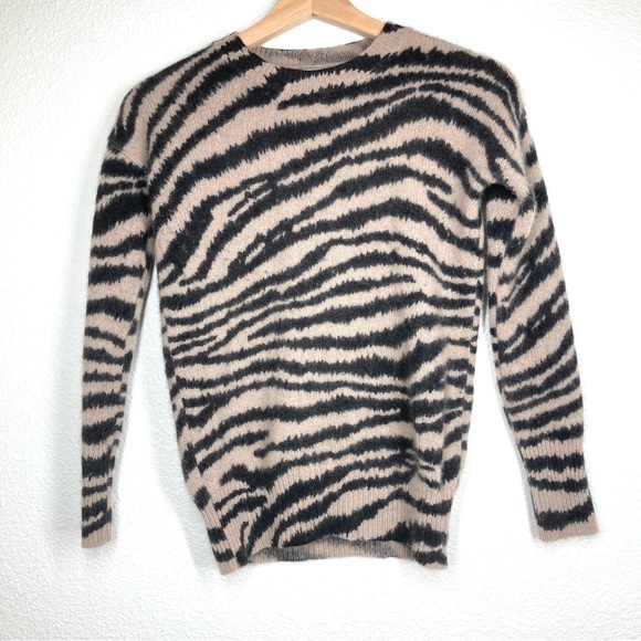Magaschoni Animal Print 100% Cashmere Crewneck Sweater XS Tan Black Zebra - Picture 3 of 16